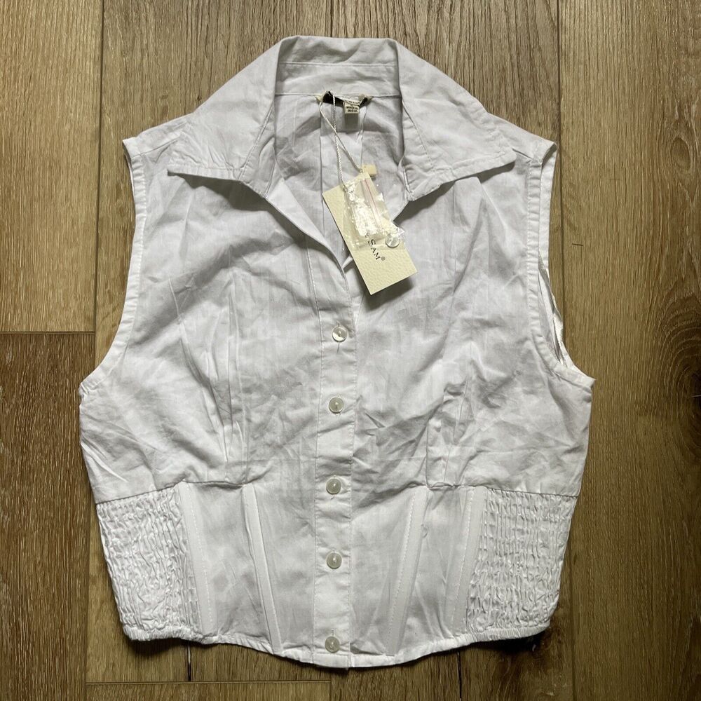 Anthropologie Sim & Sam Top Womens Small White Cropped Sleeveless Blouse Collar